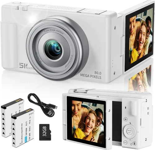 Cámara digital True 5K para fotografía, enfoque automático de 80 megapíxeles con zoom digital 18X, pantalla giratoria de 3" 270°, cámara selfie de