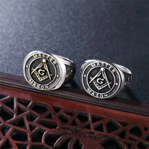 Miniatura 4 de EZSONA - Anillo de acero inoxidable para hombre, diseño de maestro masónico, chapado en oro plateado