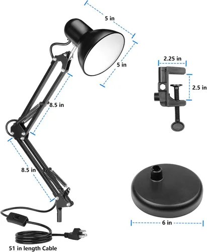 Miniatura 6 de AmeriTop Lámpara de escritorio de metal, negro, brazo ajustable, extensión de 18 pulgadas, listado UL