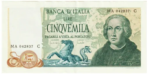 1971 RA SUBLIMAMENTE HERMOSO 1971 5000 LIRE mostrando COLUMBUS & SUS BARCOS! UNA Gema histórica! Vendedor de 5000 Liras Crisp Extra Fine