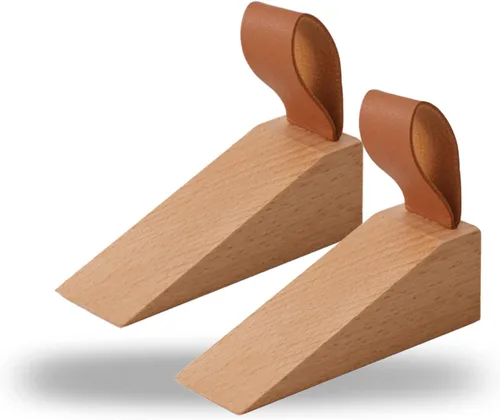Miniatura 8 de Paquete de 2 topes grandes de madera para puerta, antideslizantes, de seguridad, con correa de cuero para colgar tope de puerta, en casa