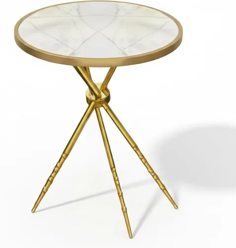Miniatura 11 de Moderna mesa auxiliar redonda pequeña, mesa auxiliar de acero inoxidable con 3 patas doradas, elegante y ligera parte superior de mármol sintético