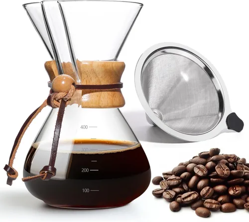 Miniatura 17 de Cafetera de Goteo 14 OZ, 4 Tazas Cafetera de Vidrio de Borosilicato con Filtro de Acero Inoxidable Reutilizable y Empuñadura de Corcho para Café