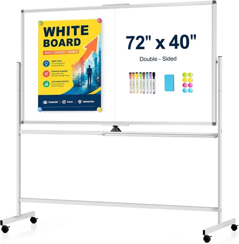 Miniatura 12 de Pizarra Blanca Rodante Grande de 48" X 36", Rotación de 360° Pizarra Blanca Magnética con Soporte, Caballete de Pizarra Blanca de Doble Cara sobre