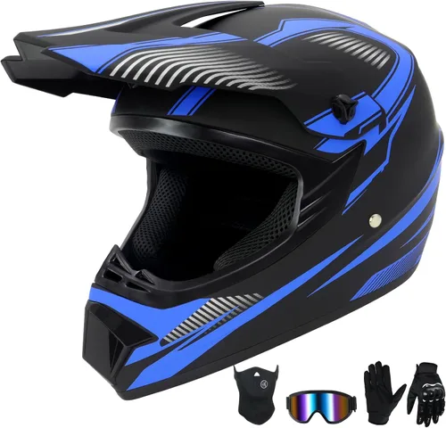Miniatura 13 de Casco de motocross para niños jóvenes, casco de motocicleta todoterreno con (gafas, guantes, máscara), juego de 4 piezas, casco de cara completa