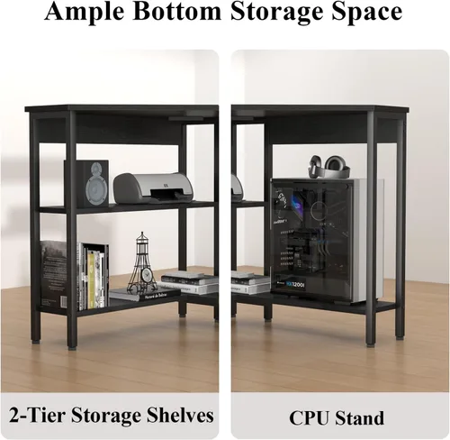 Miniatura 5 de Auromie Escritorio esquinero con tomas y puertos USB, mesa de esquina triangular de 90 grados con soporte para CPU y estantes de almacenamiento