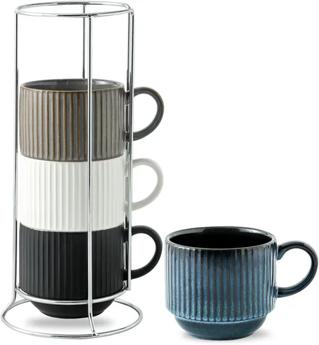 Miniatura 16 de Hasense Juego de tazas de café, juego de 4 tazas de té apilables con soporte - Juego de tazas grandes de cerámica acanaladas de 15 onzas para latte