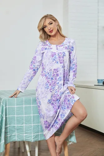 Miniatura 6 de IZZY + TOBY Camisones de algodón para mujer, de manga larga, suave, largo, cálido, vestido de noche con nudos, camisón para mujer