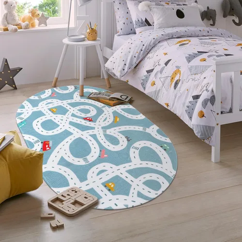 Miniatura 6 de LIVEBOX Alfombra de Juego Antideslizante Azul de 3'x5' para Niños, Alfombra de Carretera Lavable a Máquina para Sala de Juegos, Alfombra de Sala