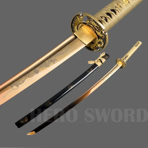 Miniatura 9 de Espada samurái japonesa hecha a mano con hoja de oro, grabado a mano, Katana de dragón dorado, espiga completa, afilada, puede cortar árboles