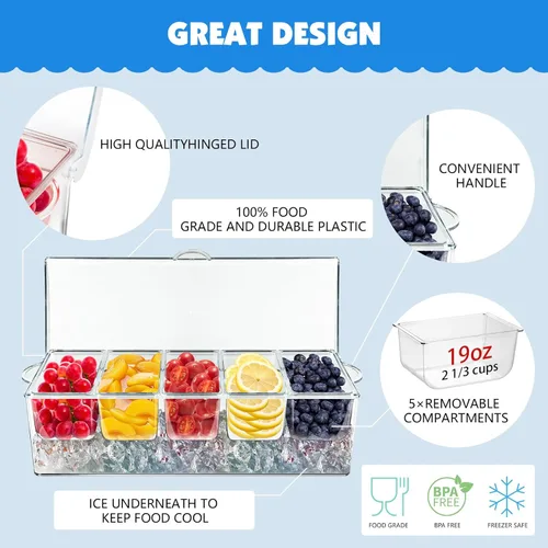 Miniatura 5 de Bandeja de condimentos refrigerados, cesta de frutas de bar con tapa y 5 compartimentos extraíbles, bandeja transparente para servir condimentos