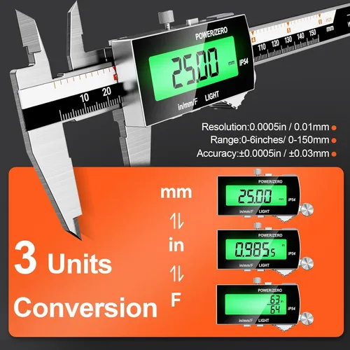 Miniatura 4 de Preciva Calibre digital de retroiluminación, micrómetro electrónico recargable impermeable IP54 de 6 pulgadas con pantalla LCD, conversiones