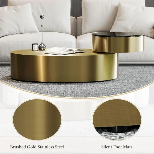 Miniatura 8 de Mesa auxiliar giratoria ovalada dorada, mesa central de lujo moderna de 2 niveles con parte superior redonda giratoria de 360°, mesa de té con base