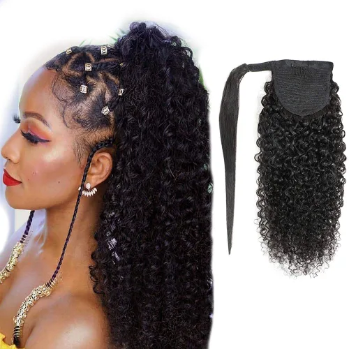 Miniatura 8 de Extensión de Cola de Caballo de Cabello Humano Kinky Recto con Pasta Mágica Envolvente de 30,48 cm, Cabello Natural Negro Brasileño, Extensiones