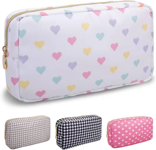 Miniatura 52 de izuzta Bolsa de maquillaje pequeña de nylon para bolso, linda bolsa de cosméticos con cremallera, bolsa de maquillaje preppy, Azul, Mini 2-Azul