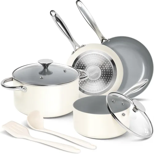 MICHELANGELO Juego de ollas y sartenes antiadherentes - Juego de utensilios de cocina de cerámica no tóxicos, 8 piezas de ollas y sartenes Crema