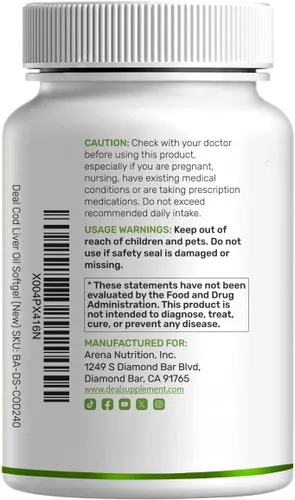 Miniatura 7 de Aceite de hígado de bacalao salvaje capturado 2,000mg por porción, 240 cápsulas blandas – EPA DHA Omega 3 de fuerza extra con vitamina D y A – sin