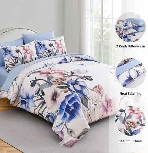 Miniatura 6 de Luxudecor Juego de edredón floral tamaño King de 7 piezas, cama de flores azules en una bolsa, elegante edredón floral con juego de sábanas, juego