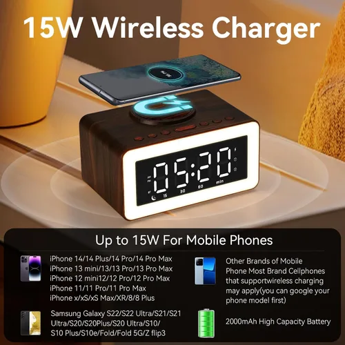Miniatura 3 de Reloj despertador de madera con altavoz Bluetooth con carga inalámbrica, atenuador de brillo ajustable 0-100%, 2 alarmas, repetición de 9 minutos