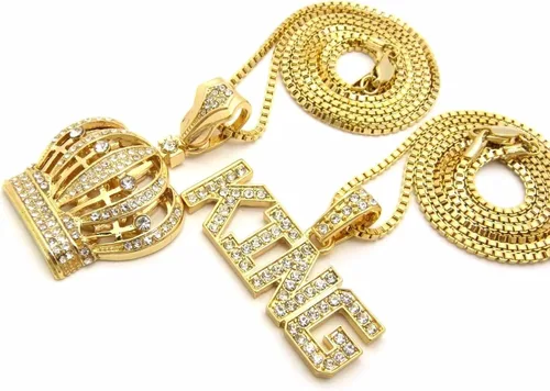 Miniatura 4 de Bright Jewelers USA - Juego de 2 collares para hombre, corona de rey negro y oro, diseño de hip hop