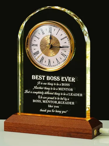 Miniatura 9 de Best Boss Ever Regalos para hombres y mujeres — Reloj de escritorio de cristal con base de luz de madera Apreciación del jefe y despedida