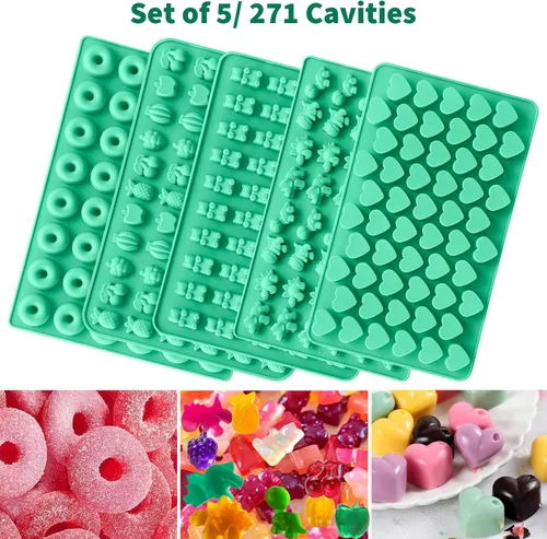 Miniatura 4 de Juego de 5 moldes de goma de silicona, moldes de silicona para dulces con 2 cuentagotas para un relleno cómodo, juego de moldes de gomita incluye