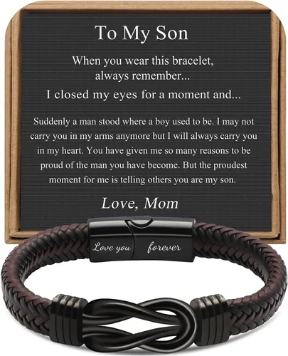 Miniatura 18 de Pulseras de nudo JoycuFF Regalos para hombres Marrón cuero trenzado acero inoxidable pulseras de infinito con inscripción Amor eterno Regalos
