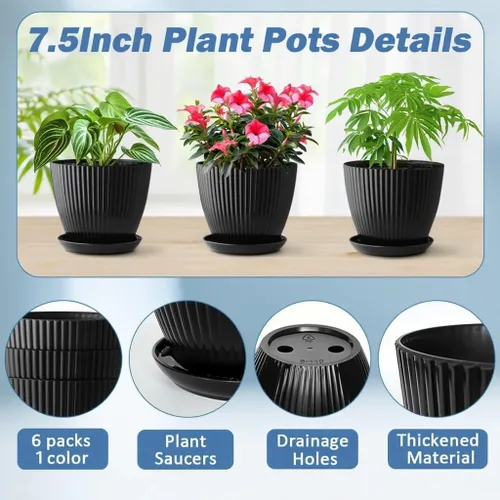 Miniatura 3 de RooTrimmer Macetas de Plástico Engrosado Negro de 7.5 Pulgadas con Platillos, Paquete de 6 Maceteros Modernos para Plántulas para Plantas