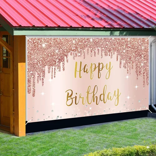 Miniatura 3 de Cartel de feliz cumpleaños de oro rosa y decoraciones de fondo para niñas y mujeres, suministros de letrero de fiesta temática rosa, gran póster