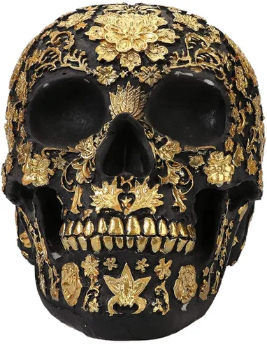 CUZOKOLA - Decoración de calavera dorada más grande – Escultura de cabeza de calavera de Halloween de resina – Caja ahorradora de dinero – Alcancía