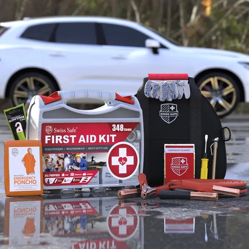 Miniatura 7 de Swiss Safe Kit de emergencia para automóvil 2 en 1 Cables de puente de alta resistencia de 12 pies y kit completo de primeros auxilios