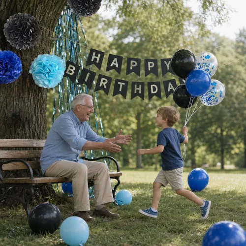 Miniatura 2 de ANSOMO Decoraciones de Fiesta de Cumpleaños Azul y Negro para Niños Hombres Pancarta Globos Azul Marino Azul Real Azul Claro Pompones Cortina
