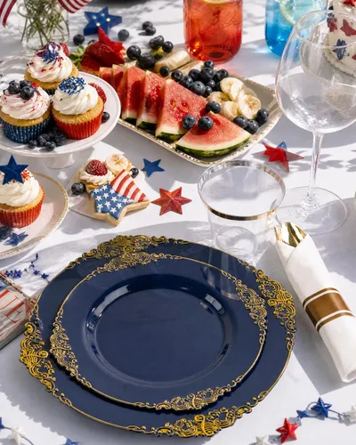 Miniatura 5 de Nervure 175 piezas de vajilla de plástico azul - Juego de vajilla de plástico azul dorado desechable incluye 50 platos para cena y postre, 25 Azul