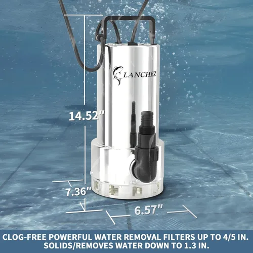 Miniatura 8 de LANCHEZ Bomba de sumidero de 1.6 HP 6000 GPH, bomba de agua sumergible de alto flujo de acero inoxidable con interruptor de flotador, bomba de agua
