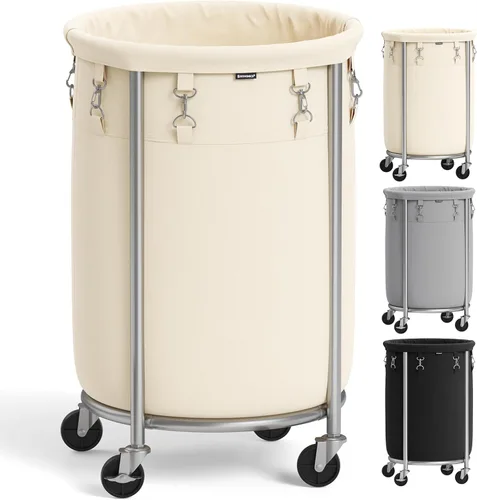Miniatura 27 de Songmics – Cesta de lavandería de 29 galones (110 L) con ruedas, carrito rodante resistente redondo con marco de acero y bolsa extraíble, 2 ruedas