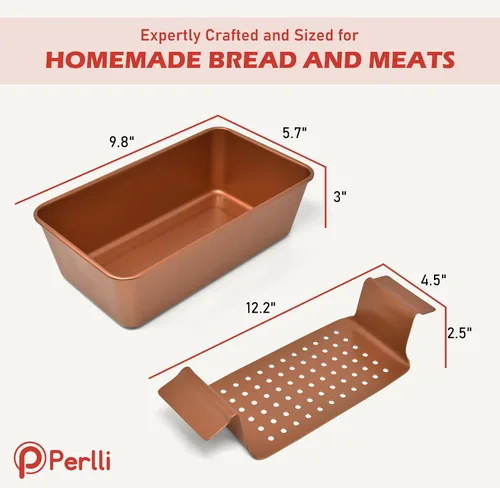 Miniatura 7 de PERLLI Molde para pan de carne con bandeja de goteo, 2 unidades, 9.8 x 5.7 pulgadas, sartén antiadherente de cobre para pastel de carne con bandeja