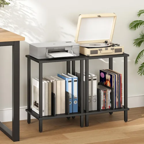 Miniatura 4 de HOOBRO BK05RS01 - Mesa auxiliar pequeña, soporte para tocadiscos de 2 niveles, soporte giratorio de vinilo con almacenamiento de hasta 100 álbumes