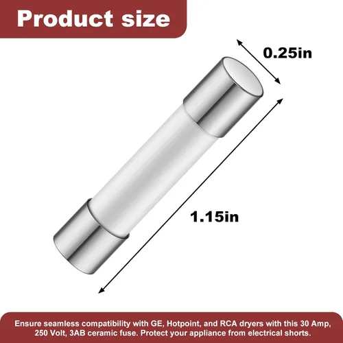 Miniatura 2 de WE1X21975 - Fusible de cerámica para secadora GE Hotpoint de 30 amperios, 250 voltios, reemplazo de fusible de secadora 3AB, AP5957584 428223