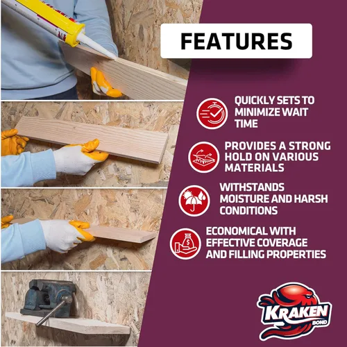 Miniatura 6 de KRAKEN BOND No More Nails - Adhesivo de poliuretano transparente, 100% impermeable (D4) y sellador para madera, cerámica, azulejos, pisos, granito
