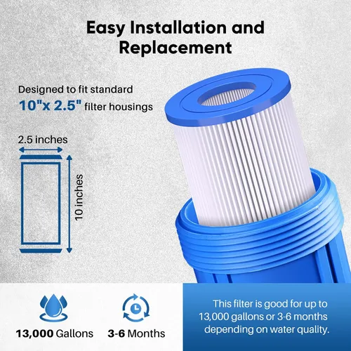 Miniatura 4 de PUREPLUS 1 Micron 10"x2.5" Whole House Pleated Sediment Filter for Well Water, Replacement Cartridge for Universal 10 inch RO System, W50PE