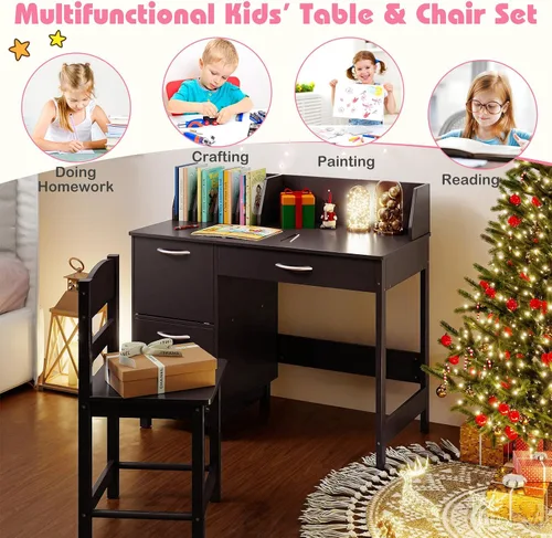 Miniatura 5 de Costzon Juego de escritorio y silla para niños, escritorio de estudio de madera para estudiantes con aparador, cajón de almacenamiento y gabinetes