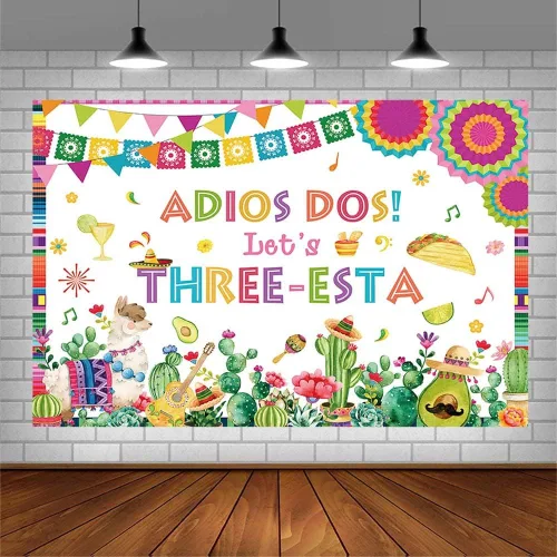 Miniatura 3 de AIBIIN Telón de fondo mexicano de tercer cumpleaños de 7 x 5 pies para niños, decoración de fiesta de Let's Three-Esta, cactus floral, alpaca