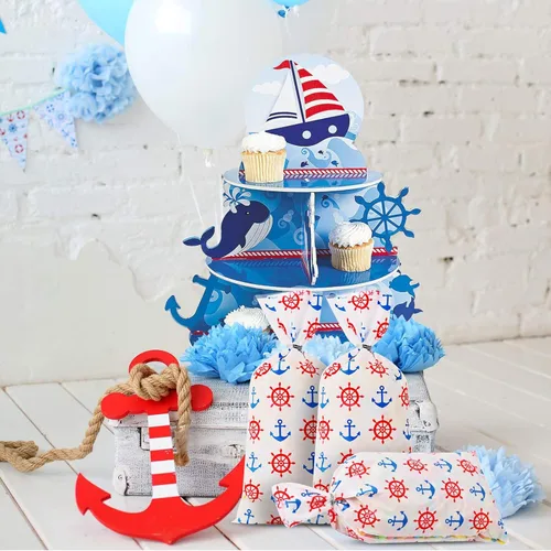 Miniatura 5 de Lecpeting 100 bolsas náuticas para golosinas, anclas, estampado de rueda, bolsas de celofán, regalos de fiesta náutica con lazos giratorios