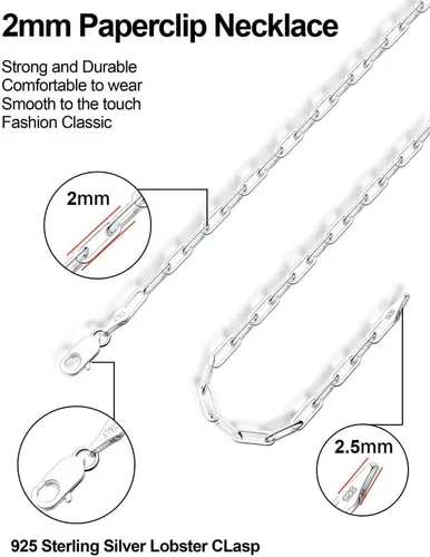 Miniatura 5 de 925 Sterling Silver Clasp Paperclip Chain 2345mm Necklace for Women Men Silver Link Chain Necklace for Women 16182022242630 Inches