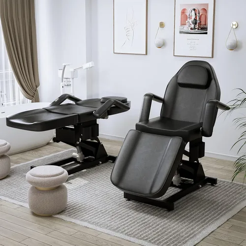 Miniatura 2 de SyyBhb Silla de tatuaje de cama de spa totalmente eléctrica negra, mesa facial con 3 motores con bolsillo de almacenamiento, respaldo de 21 a 28