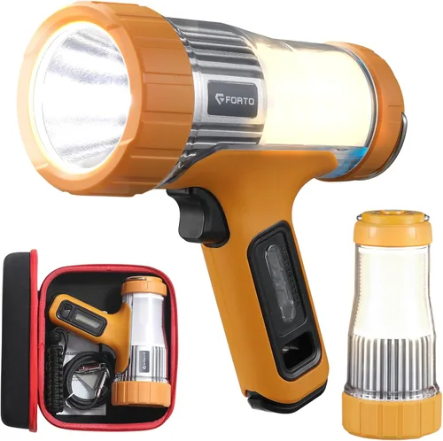 FORTO Foco de mano de 3000 lúmenes, luz LED de largo alcance de 1400 pies con 120 horas de funcionamiento, linterna impermeable recargable IPX8 para