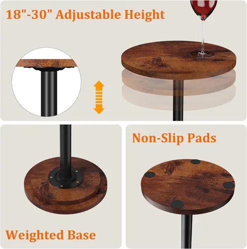 Miniatura 7 de Mesa auxiliar pequeña con altura ajustable y diseño resistente, mesas de Martini con pedestal para espacios pequeños, sofá, sala de estar, Marrón