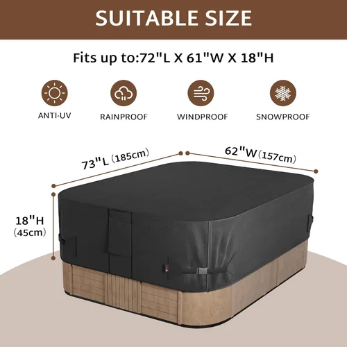 Miniatura 2 de iBirdie Cubierta rectangular impermeable para bañera de hidromasaje para exteriores, 73 x 62 pulgadas, para 72 x 61 o 71 x 60 o 70 x 59 pulgadas