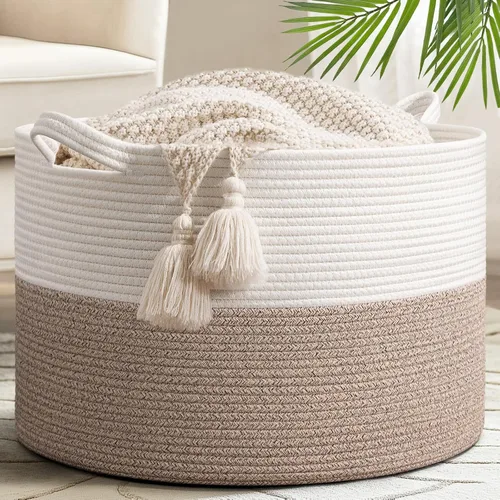Miniatura 22 de Goodpick Cesta de manta de 65 litros, 19.7 x 12.6 pulgadas, cesta de cuerda de algodón, para sala de estar, organizadores de juguetes