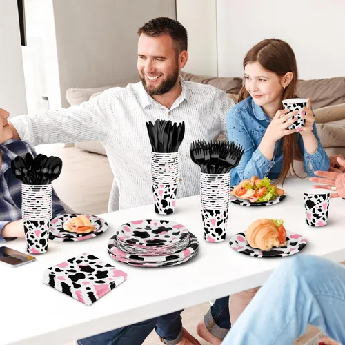 Miniatura 5 de Durony 350 piezas juego de vajilla de fiesta rosa con estampado de vaca que incluye platos, tazas, servilletas, cuchillos, tenedores, cucharas